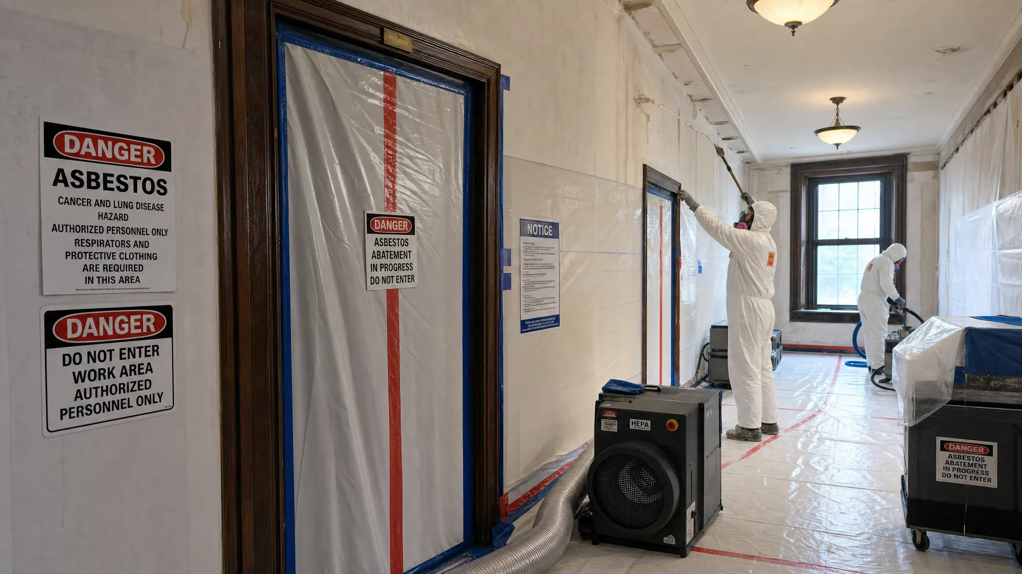 an older new england building interior prepared fo 1781032085395 An older New England building interior prepared for asbestos abatement with sealed doorways, plastic sheeting, warning signs, and workers in protective equipment.