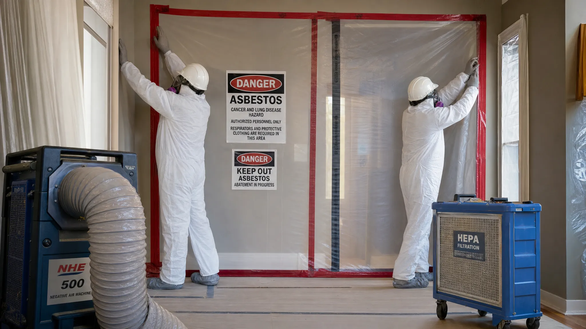 image 0 A medium interior view of licensed asbestos abatement workers in protective equipment installing sealed poly sheeting around a doorway, with warning signage, a negative air machine, and HEPA filtration equipment visible in a controlled renovation area.